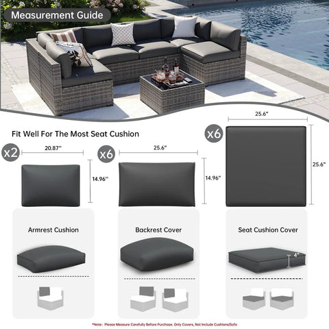 14 Piece Waterproof Patio Cushion Covers For Outdoor Furniture With Zipper And Non Slip Bottom Covers Only For Full Sofa Makeover Fits 6 Seat 6 Back 2 Side Sectional Gray showcasing measurements and layout guide by pool.