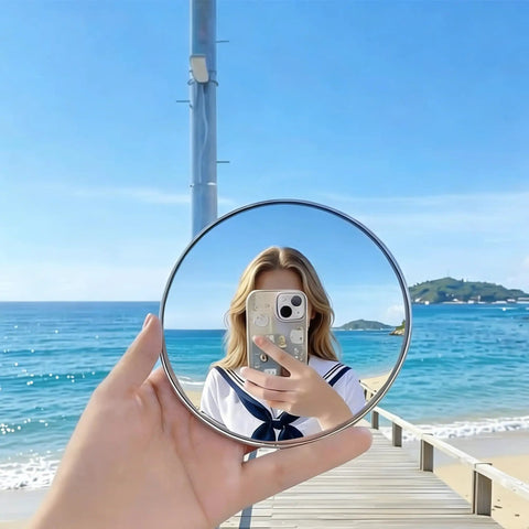 Handheld Convex Mirror Set Portable Shatter Resistant Lens Create Wide Angle Photos on beach with reflection in sunny weather.