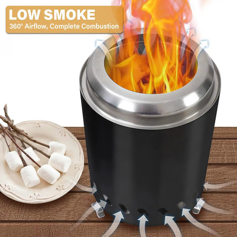 Smokeless Tabletop Fire Pit For Outdoor Use Portable Mini Stove With Carry Bag Fueled By Pellets Or Wood Stainless Steel Black