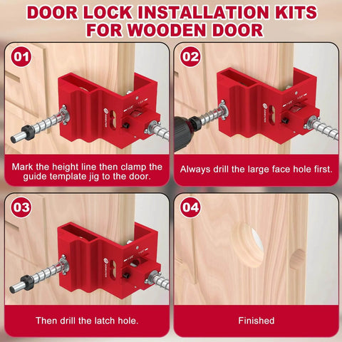 DIY Friendly Heavy Duty Door Lock Installation Kit With Guide Template And Aluminum Jig for wooden doors, drilling steps 1 to 4.