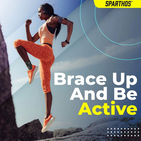 Woman climbing rocks wearing Lace Up Ankle Brace With Adjustable Support For Running And Court Sports Like Basketball And Volleyball.