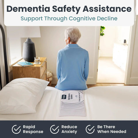 Bed Alarm System For Seniors With Wireless Sensor Pad And Pager Fall Prevention For Dementia Care, Long Range Alerts, Custom Volume Or Vibration, No Fuss Tool Free Setup, Easy Caregiver Monitoring, Peace Of Mind on bed with senior seated nearby