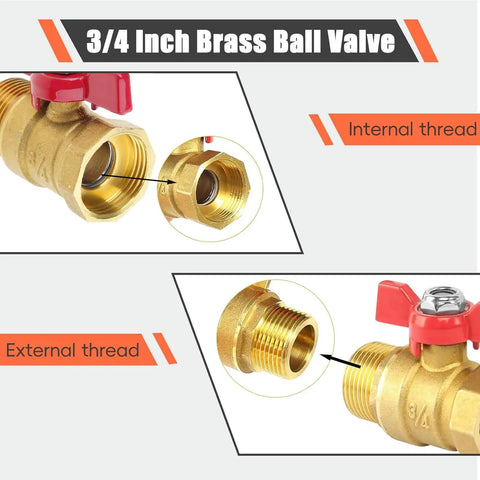 Leak Proof Heavy Duty Three Quarter Inch Brass Ball Valve with internal and external threads showcased in setup view.