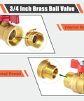 Dang Sturdy Three Quarter Inch Threaded Brass Ball Valve With Snappy Red Butterfly Handle showing internal and external threads.