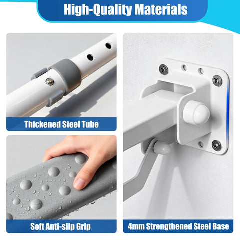 Close-up of Heavy Duty Flip Up Toilet Grab Bar With Adjustable Length And Height showing thickened steel tube and anti-slip grip.