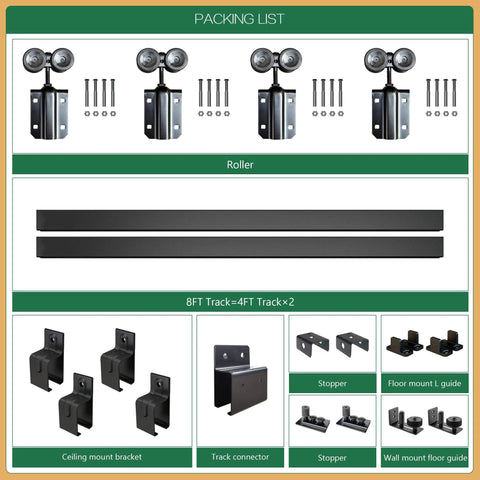 Heavy Duty 8 Ft Exterior Sliding Barn Door Hardware Kit Black Box Rail Track System For Double Doors, Wall Mounted, components shown