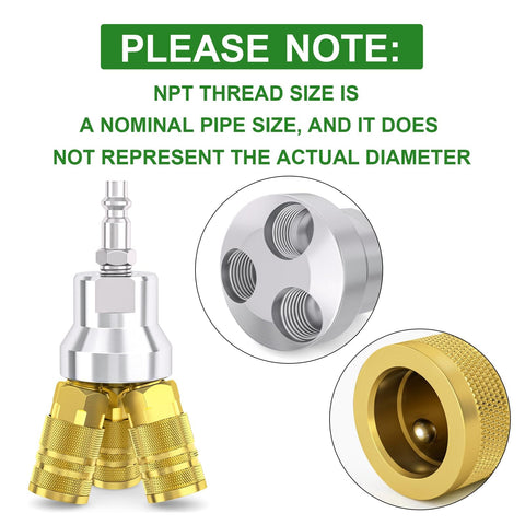 Three Way Aluminum Air Manifold And Splitter For Pneumatic Hoses, Four Port Quick Connect Socket For Shop Use, In Line Type Design