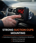 Mini Bass Meter Version 2 Compact Standalone Subwoofer Sound Pressure Meter With Voltage Measurement For Car Audio Bass Testing Tool 10 Hz To 120 Hz Range And 110 dB To 185 dB Measurement For Precise Bass Tuning On The Go mounted on car dashboard with suction cups