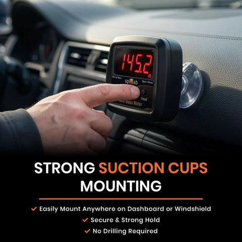Mini Bass Meter Version 2 Compact Standalone Subwoofer Sound Pressure Meter With Voltage Measurement For Car Audio Bass Testing Tool 10 Hz To 120 Hz Range And 110 dB To 185 dB Measurement For Precise Bass Tuning On The Go mounted on car dashboard with suction cups