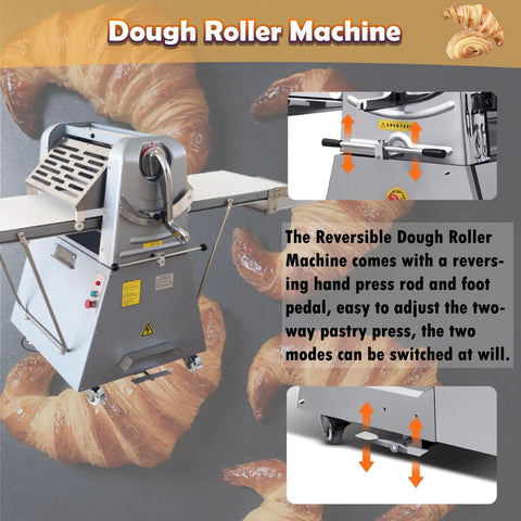 Heavy-Duty 20 Inch Dough Sheeter Machine With Reversible Roller And Adjustable Thickness Control From One To Fifty Millimeters, side view with controls.