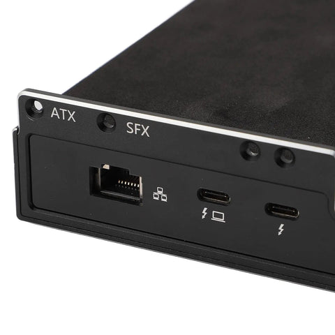 Rock Solid External GPU Dock Station With USB4 40Gbps Thunderbolt Hub And RJ45 Ethernet Port Plus M2 NVMe Bay For Laptop Graphics Cards ATX SFX Power showing rear ports.