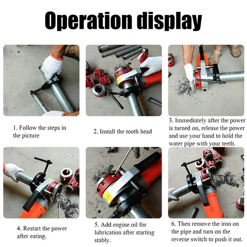 Operation display of Heavy Duty Portable Electric Pipe Threader With Pure Copper Motor And Quick Change Steel Dies for pipe threading.