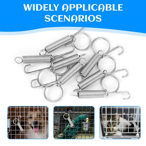 20 Pack Spring Cage Latch Clips For Dog Crates Rabbits Cats Birds Parrots in silver, shown installed on animal enclosures