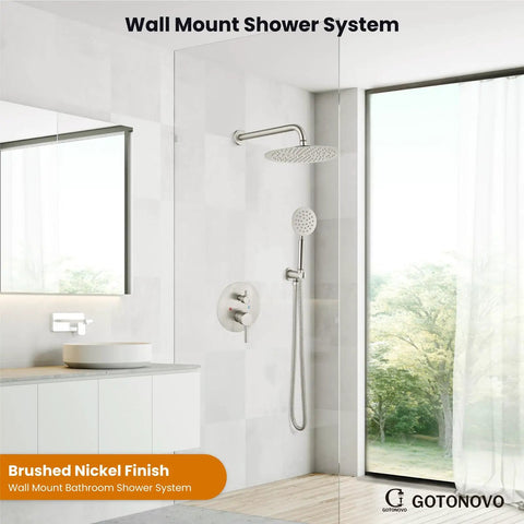 Rainfall Shower System With 10 Inch Round Showerhead And Handheld High Pressure Faucet Set Brushed Nickel Finish In Modern Bathroom