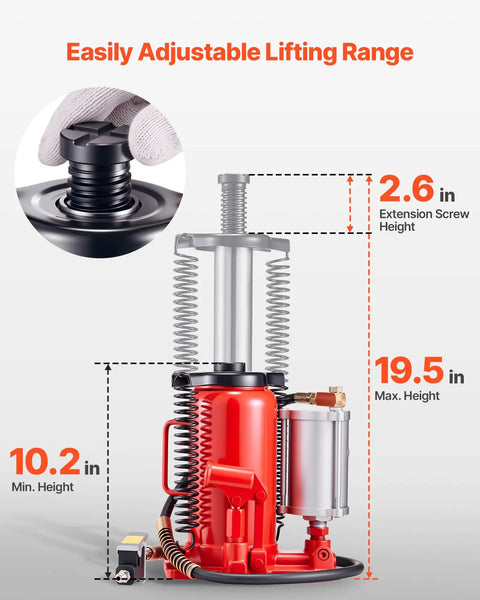 20 Ton Air Hydraulic Bottle Jack With Pneumatic And Manual Operation, Heavy Duty Welded Bottle Jack for cars with lifting range illustration