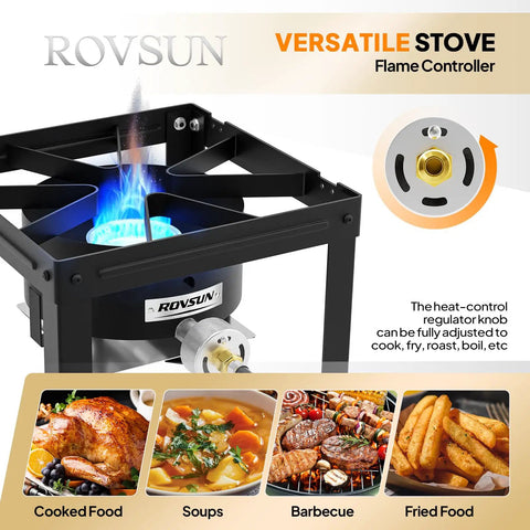 Powerful Portable Propane Stove With Foldable Side Rack Single Burner Outdoor Cooker showcasing flame and cooking options