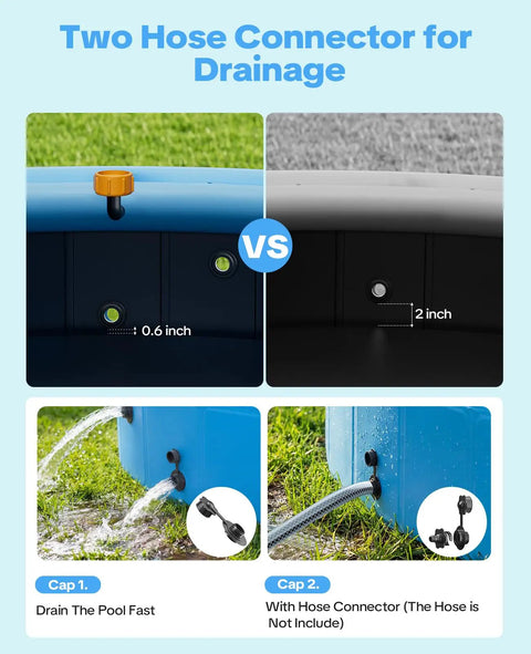 Close-up of drainage hose connectors on the 79 Inch Foldable Dog Pool With Sprinkler For Big Pups in blue, showing size differences.