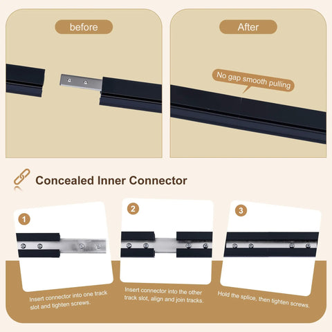 Ceiling Curtain Track System For Bedroom And Living Room, 6 To 9 Feet, wall mounted black rail with concealed inner connector