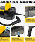 Powerful 2500W Portable Handheld Steam Cleaner With Large Capacity Tank showing water inlet and drainage features.
