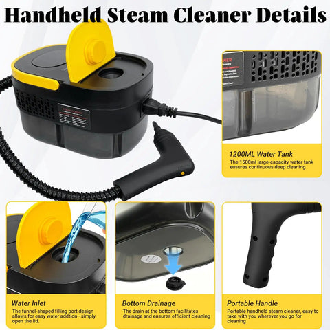Powerful 2500W Portable Handheld Steam Cleaner With Large Capacity Tank showing water inlet and drainage features.