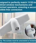 Casement Window Crank Handle for 11/32 Inch Splines shown with T-handle and butterfly wing nut, designed for secure connection