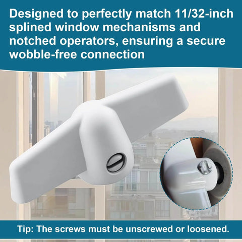 Casement Window Crank Handle for 11/32 Inch Splines shown with T-handle and butterfly wing nut, designed for secure connection