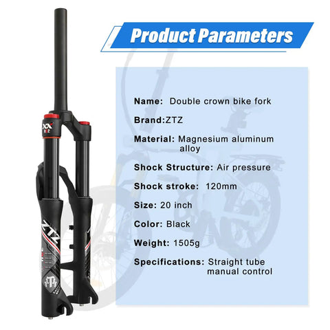 20 Inch Mountain Bike Front Suspension Air Fork With 120 To 140 Millimeter Travel 100 Millimeter Hub Spacing One And One Eighth Inch Straight Steerer Manual Lockout Quick Release Fits Up To Two And A Half Inch Tires Black