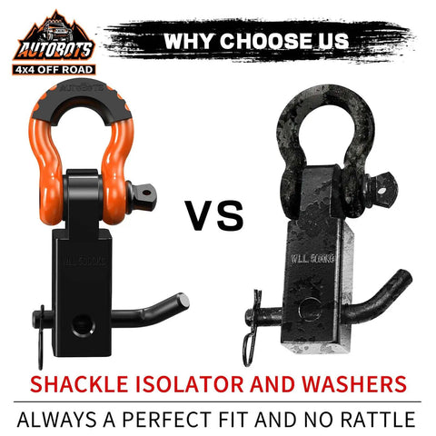 Comparison of 2 Inch Tow Hitch Receiver With Three Quarter D Ring Shackle And Five Eighth Screw Pin Heavy Duty 45000 Lbs Break Strength Off Road Towing Accessory Orange And Black for vehicle trailer recovery, highlighting shackle isolator features.