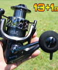 Person holding Lightweight Ultra Smooth Aluminum Spinning Fishing Reel with Graphite Spool and CNC Aluminum Handle