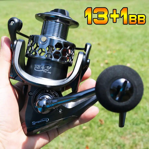 Person holding Lightweight Ultra Smooth Aluminum Spinning Fishing Reel with Graphite Spool and CNC Aluminum Handle