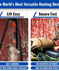 Self Locking Block and Tackle Hoist System With 35 Ft Polypropylene Rope, 300 Lb Capacity in use for hunting and lifting deer carcass.