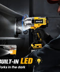 Daily Driver Half Inch Cordless Impact Wrench Kicks Loose Rusted Bolts Using A Smooth Brushless Motor Producing Nine Hundred Fifty Eight Foot Pounds Of Torque Includes Dual Heavy Duty Batteries And Fast Charger For Home Builds in use with built-in LED lighting.