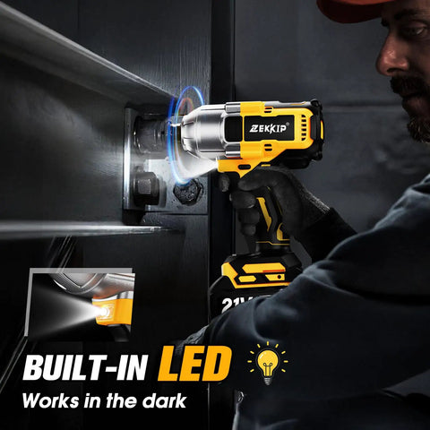 Daily Driver Half Inch Cordless Impact Wrench Kicks Loose Rusted Bolts Using A Smooth Brushless Motor Producing Nine Hundred Fifty Eight Foot Pounds Of Torque Includes Dual Heavy Duty Batteries And Fast Charger For Home Builds in use with built-in LED lighting.