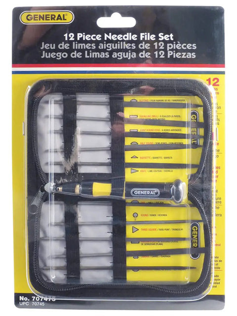 Swiss Pattern Needle File Set With Handle 12 Piece General Purpose File Kit in packaging, visible handle and files