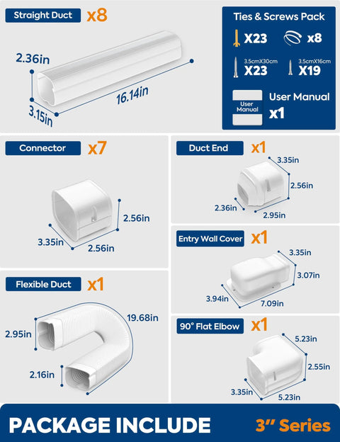 Package contents of Paintable 13Ft Mini Split Line Set Cover Kit With Flexible Duct 3 Inch Decorative Cover For Indoor Outdoor HVAC Cables And Piping White Finish Easy DIY Install To Hide Wires And Create A Clean Sleek Look, including straight ducts and connectors.