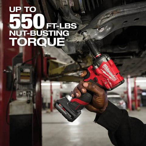 M12 FUEL Stubby 3/8 Inch Impact Wrench Bare Tool in use providing up to 550 ft-lbs nut-busting torque in auto shop