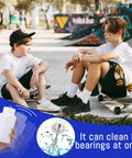 Leak Proof Skate Bearings Cleaning Bottle And Cleaning Unit Kit For Roller Skates Skateboards And Scooters with kids at skate park.
