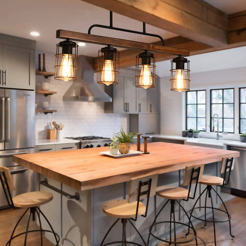 Rustic Linear Pendant Lighting For Kitchen Island And Dining Room With A Black Metal And Wood Finish, Farmhouse Vibe Fixture
