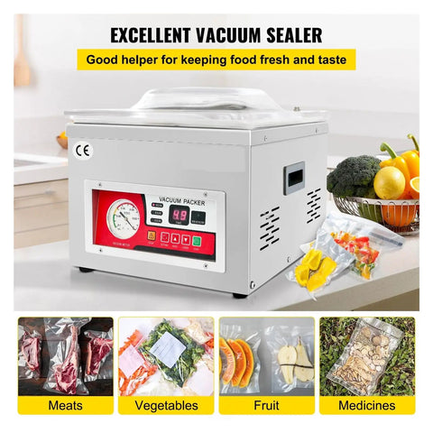 Commercial Chamber Vacuum Sealer Heavy Duty Food Packing Machine Pro Kitchen Meat Saver Snap Tight Freshness Locker Rock Solid Rig For Everyday Grub Storage Restaurant Grade Workhorse on kitchen counter with sealed bags of meats and vegetables.