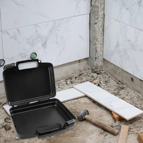 Badass Plastic Toolbox Portable Tool Case With Detachable Storage Tray And Super Grippy Handle on a construction site.