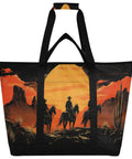 Reusable Western Desert Cowboy Style Insulated Cooler Bag with large capacity and leak-proof design, featuring cowboy silhouette in sunset.