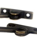 Close-up view of Heavy Gauge Solid Brass Lid Stays Kickstand Set With Rich Bronzed Finish for wooden boxes.