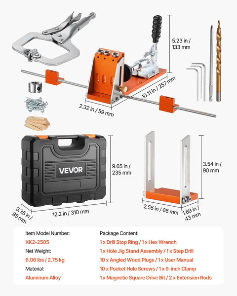 Pocket Hole Jig Kit Adjustable From Half Inch To One And A Half Inch With Case Pro Grade C Clamp Step Drill Hex Wrench Drill Stop Ring Square Drive Bit Reinforced Metal Frame For Woodworking, shown with components and case.