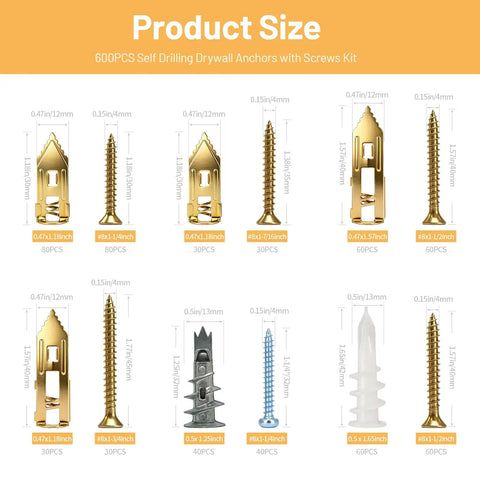 Size chart of Heavy Duty Drywall Anchors And Screws Assortment Kit 600 Pieces Self Drilling Hollow Wall Plugs for Shelves