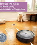 Smart Self Emptying Robotic Vacuum With Imprint Smart Mapping And Multi Level Cleaning Stores Multiple Maps For Each Floor Room Scheduling No Fuss Pet Safe Guard Renewed Premium Quality J7 Plus 7550 Series avoiding pet waste on hardwood floor with dog in background.