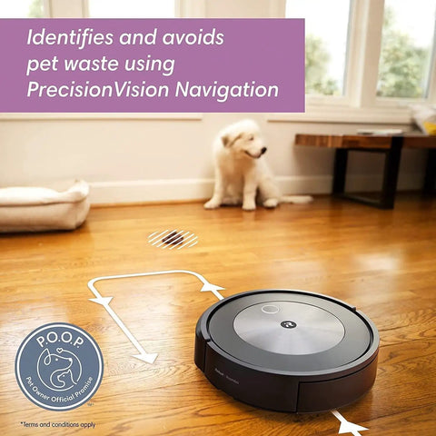 J7 Plus Self Emptying Vacuum Cleaning Robot Renewed Black navigating floor near pet, demonstrating PrecisionVision Navigation
