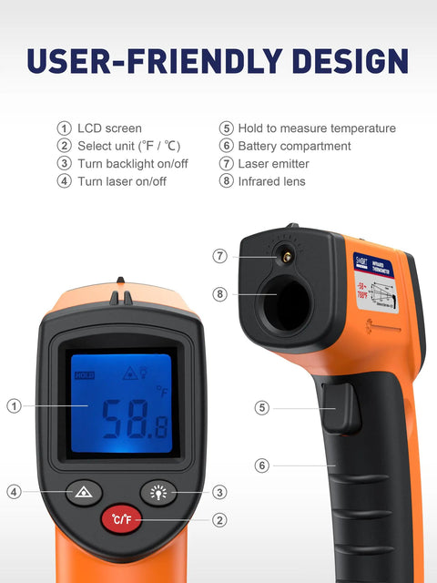 Infrared Thermometer Gun No Contact Digital Temperature Gun With Backlit Display Minus 58F To 788F user-friendly design focus.