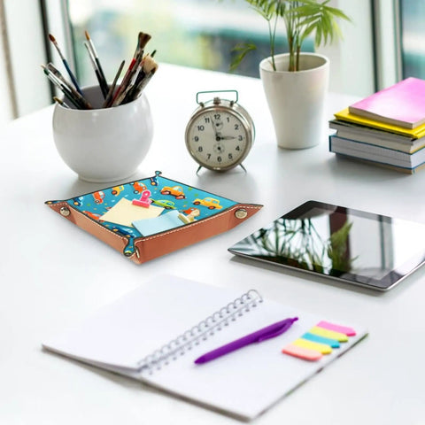 Smooth Setup Cartoon Car Grid Valet Tray For Nightstand Desk Holds Jewelry Coins Keys Wallet Durable Microfiber Catch All with notes.