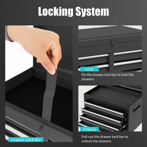 Close-up view of locking system on Five Drawer Rolling Tool Chest With Detachable Top Box, showing drawer lock bar mechanism.