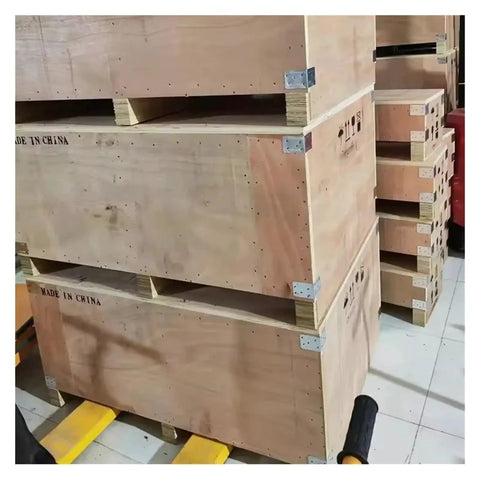 Wooden shipping crates stacked in warehouse, labeled 'Made in China', sturdy construction for storage.